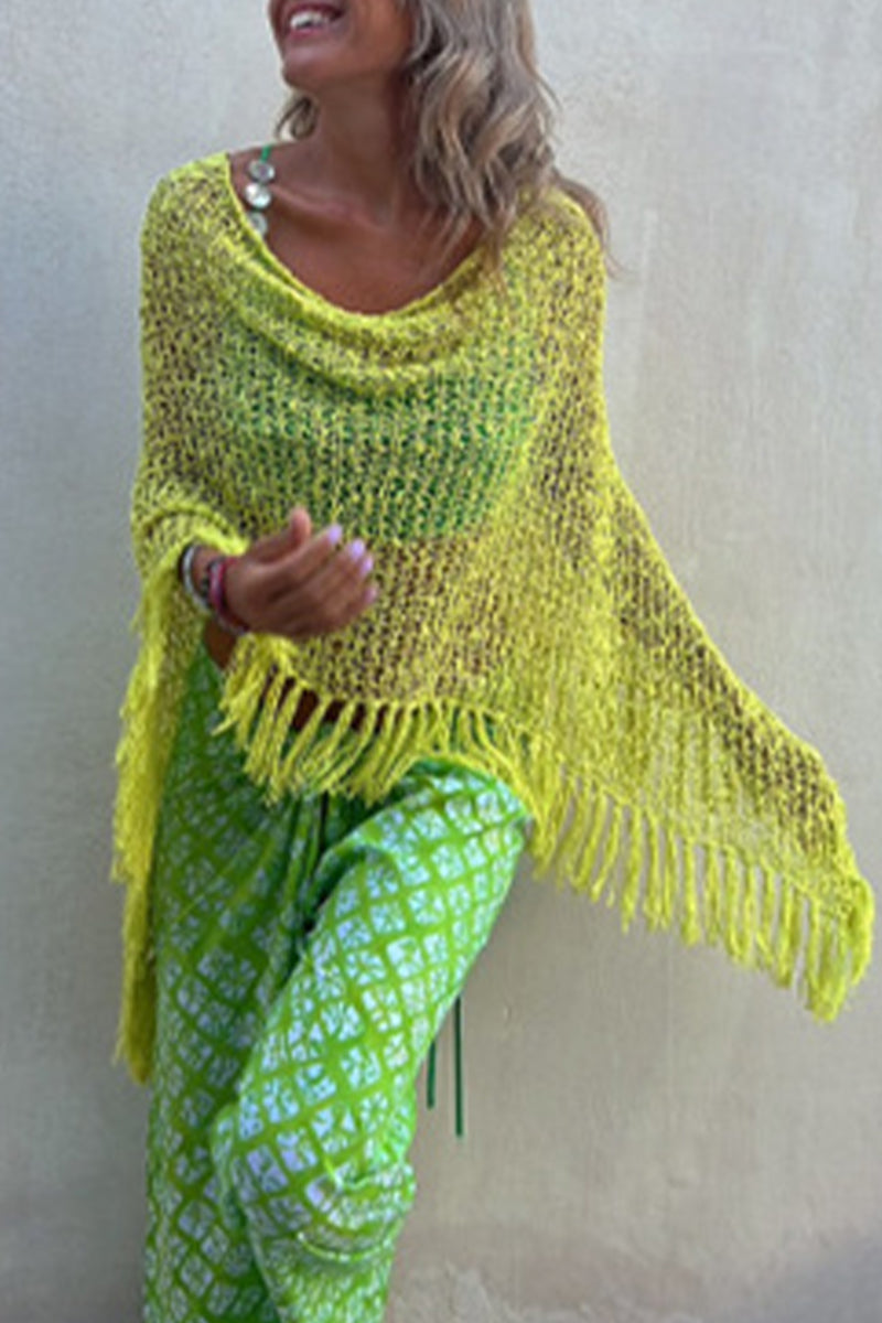 Kaynafashions - Vacation Solid Tassel Hollowed Out O Neck Outerwear