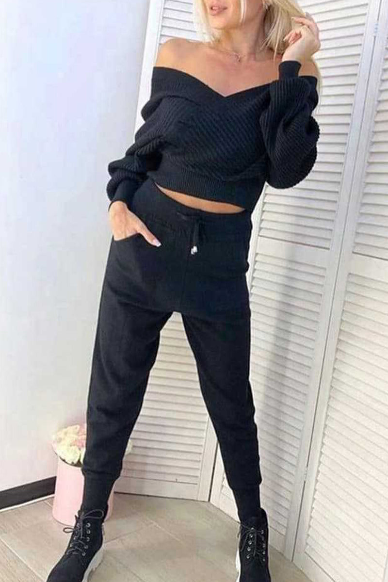 Kaynafashions - Solid Color V Neck Nine Points Sleeve Two Pieces(3 Colors)