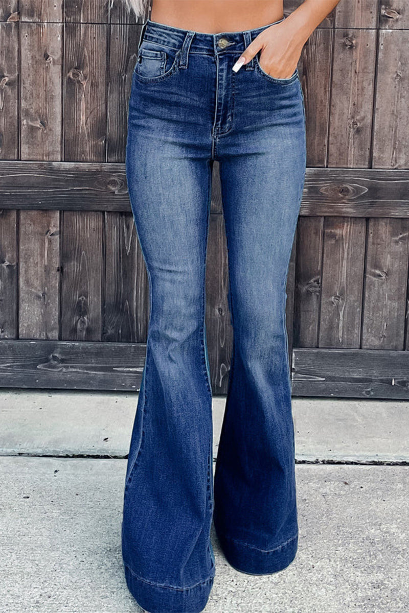 Kaynafashions - Street Solid Patchwork High Waist Boot Cut Denim Jeans