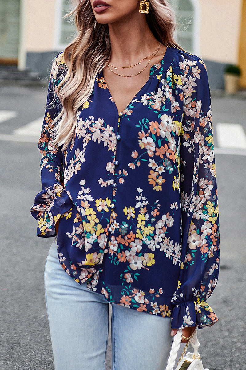Kaynafashions - Sweet Elegant Floral Buttons V Neck Tops