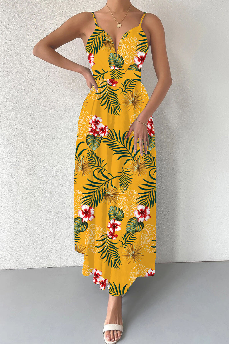 Kaynafashions - Elegant Floral Draw String V Neck Sling Dress Dresses(6 Colors)