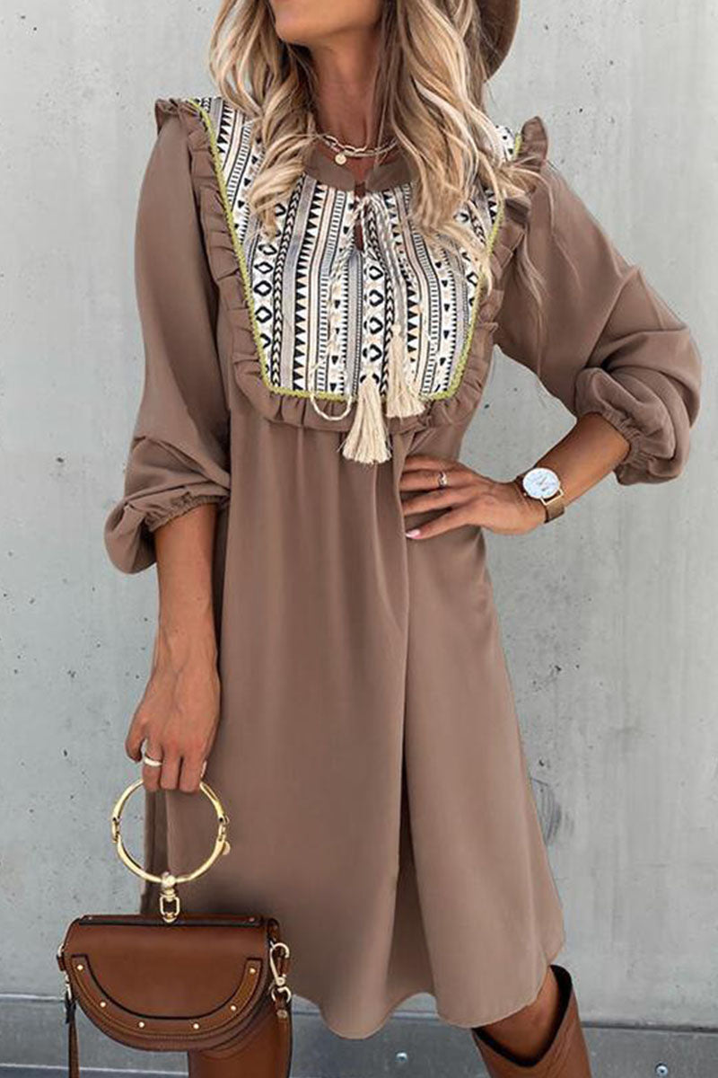 Kaynafashions - Fashion Street Print Patchwork O Neck Princess Dresses(3 Colors)