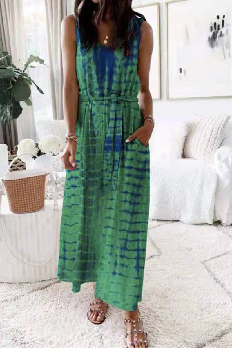 Kaynafashions - Casual Patchwork Tie-dye O Neck Waist Skirt Dresses(5 colors)