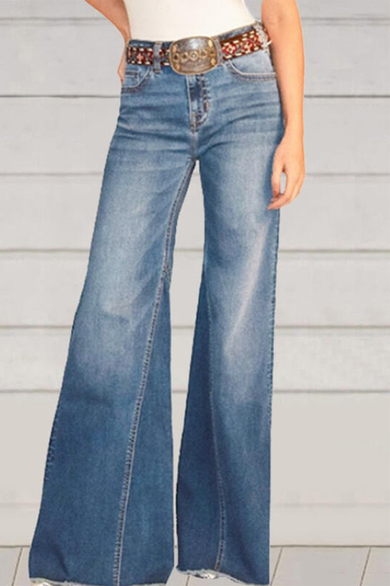 Kaynafashions - Street Solid High Waist Regular Denim Jeans(No Belt)