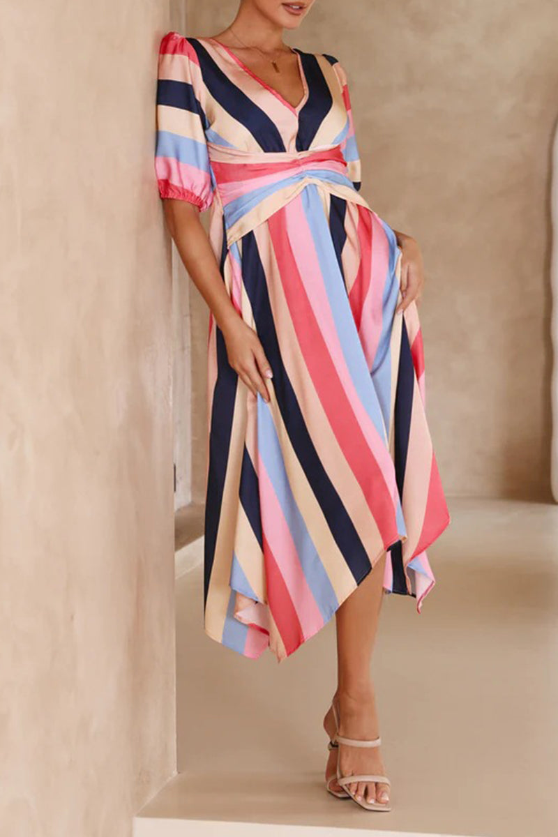 Kaynafashions - Casual Striped Print Asymmetrical V Neck A Line Dresses