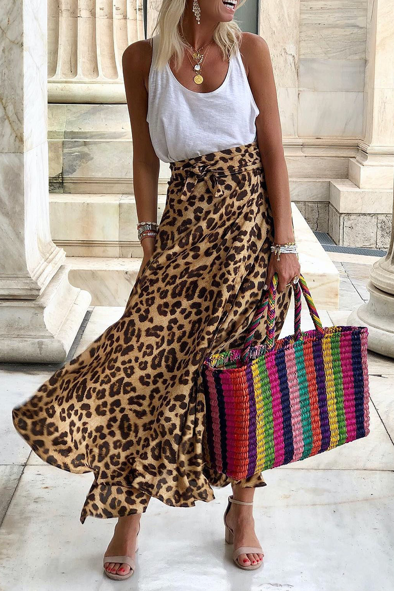 Kaynafashions - Satin Leopard Tie Front Elastic Waist Midi Skirt