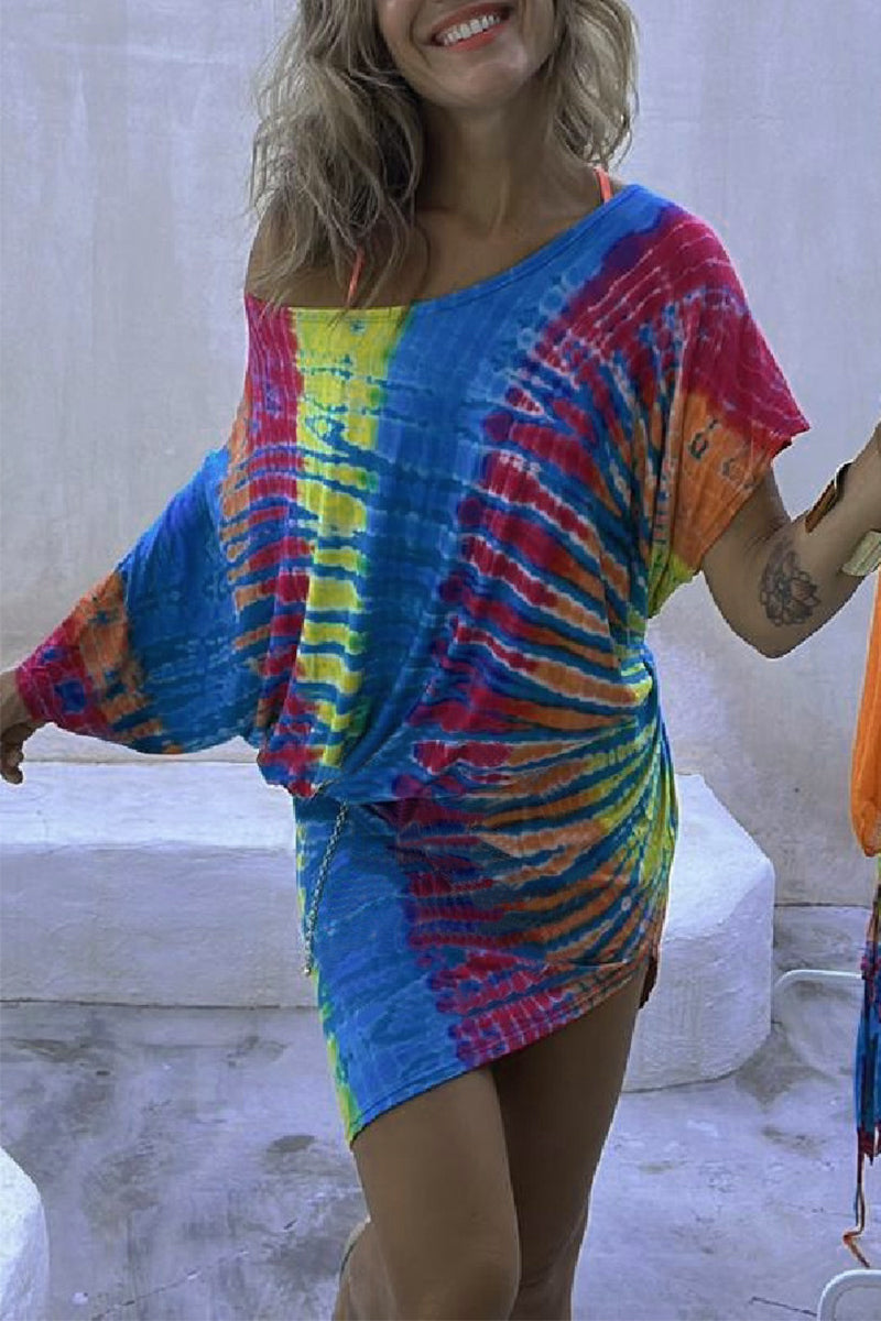 Kaynafashions - Street Print Patchwork Oblique Collar Irregular Dress Dresses