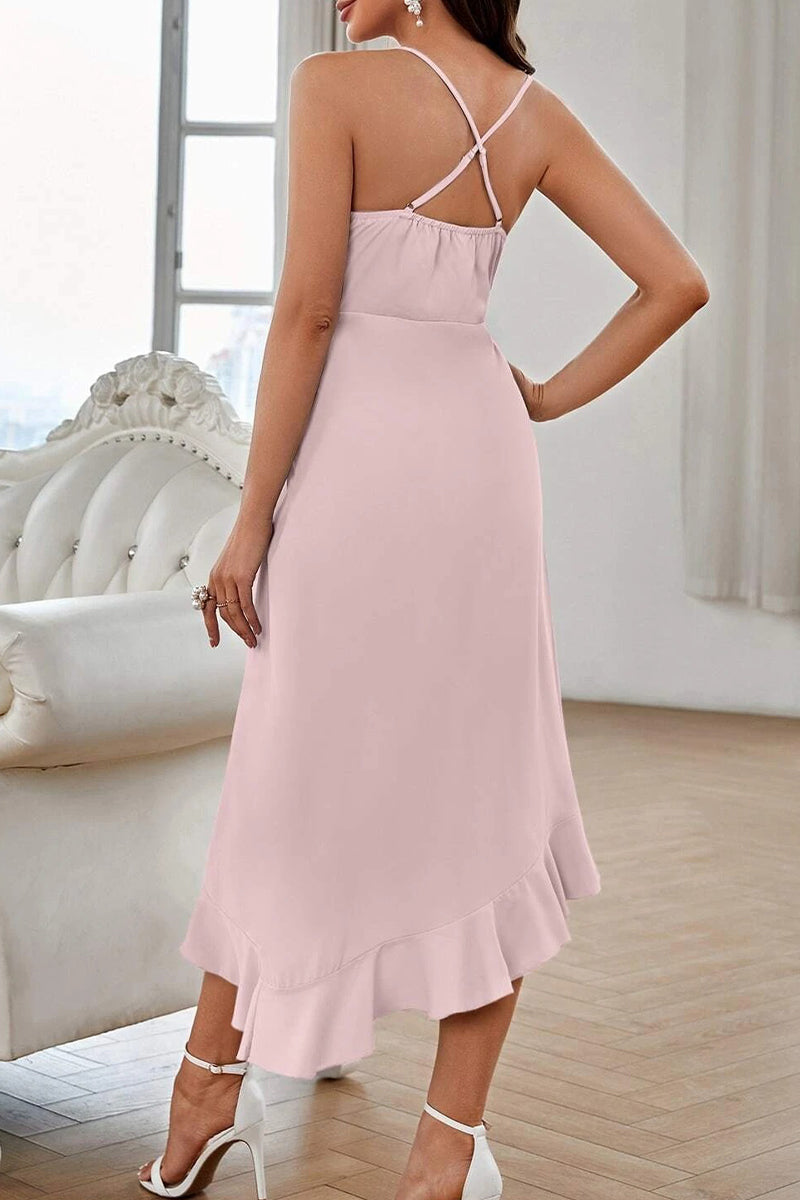 Kaynafashions - Sweet Elegant Solid Flounce V Neck Sling Dress Dresses