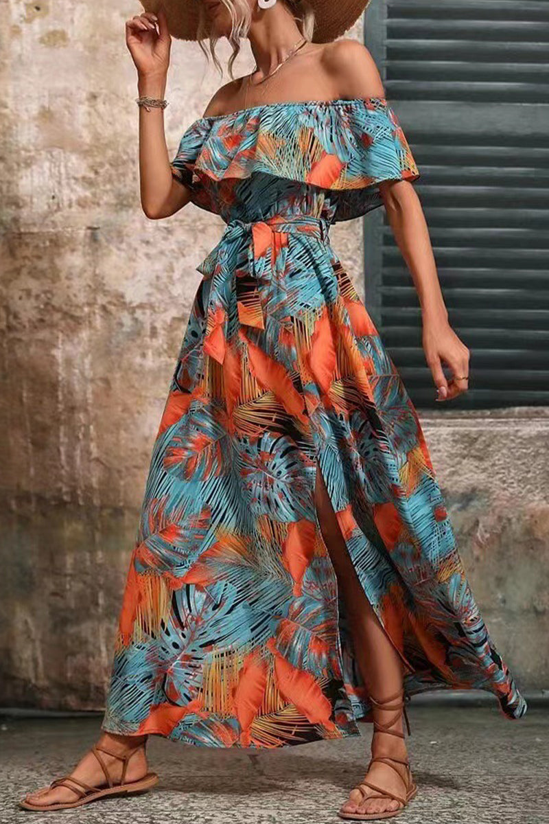 Kaynafashions - Sexy Vacation Floral Frenulum Slit Off the Shoulder Printed Dress Dresses