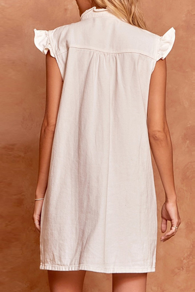 Kaynafashions - Casual Daily Solid Make Old Buckle Lotus Leaf Collar Short Sleeve Straight Denim Dresses