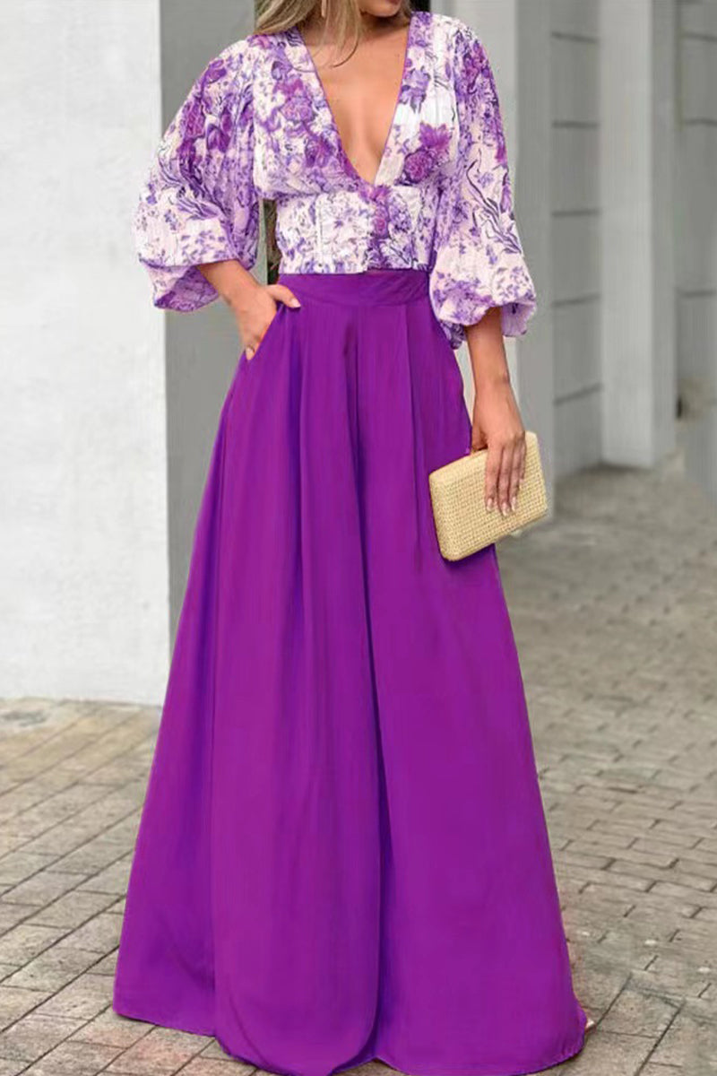 Kaynafashions - Sweet Elegant Print Printing V Neck Three Quarter Two Pieces