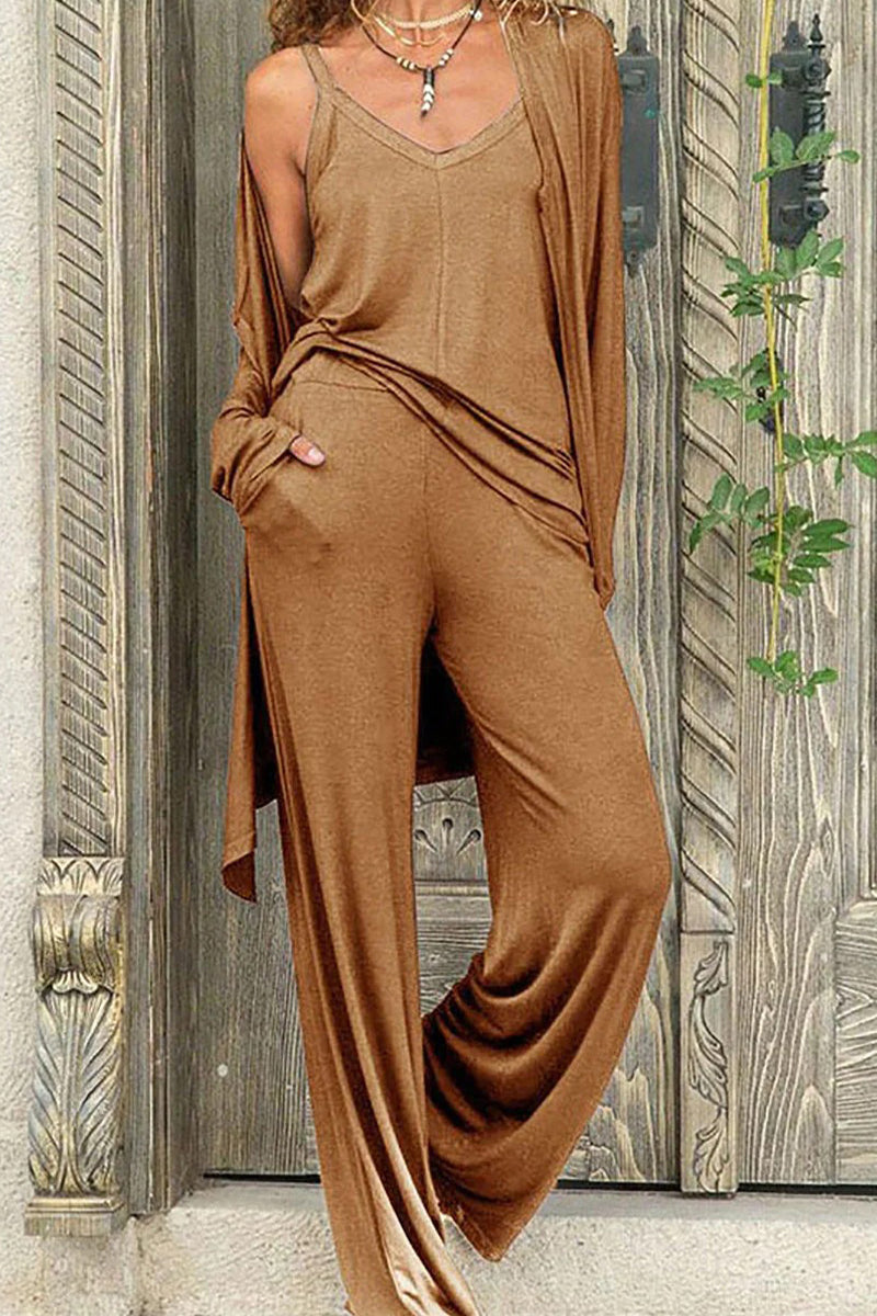 Kaynafashions - Casual Solid Color V Neck Long Sleeve Three Pieces(4 Colors)