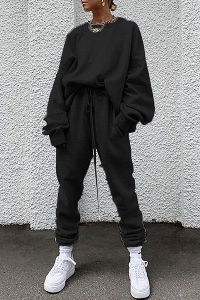 Kaynafashions - Casual Solid Pocket O Neck Long Sleeve Two Pieces