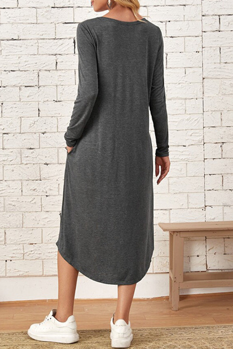 Kaynafashions - Casual Simplicity Solid Pocket O Neck Long Sleeve Dresses(6 Colors)