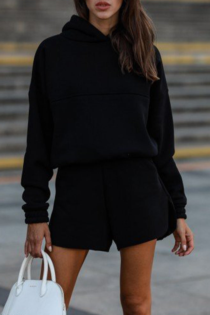 Kaynafashions - Casual Solid Pocket Hooded Collar Long Sleeve Two Pieces