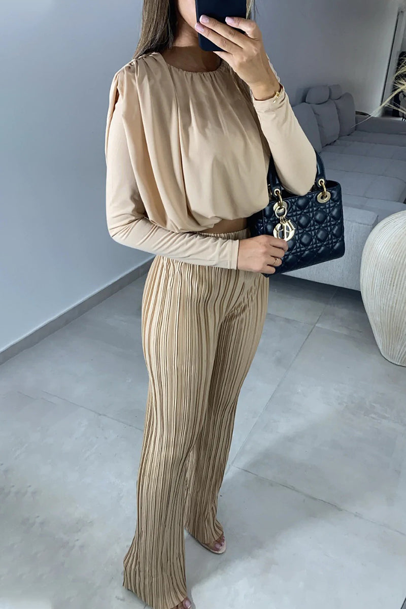 Kaynafashions - Solid O Neck Long Sleeve Two Pieces(3 Colors)