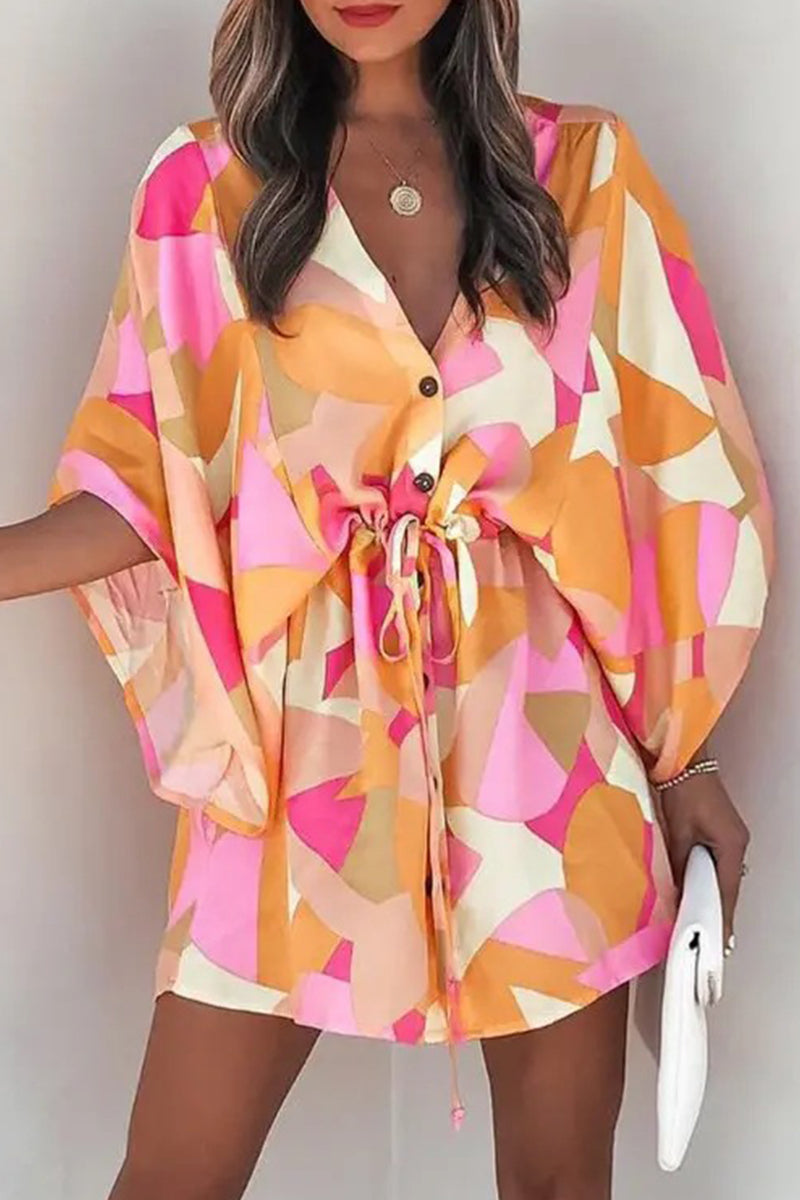 Kaynafashions - Fashion Casual Print Patchwork V Neck Dresses(12 Colors)