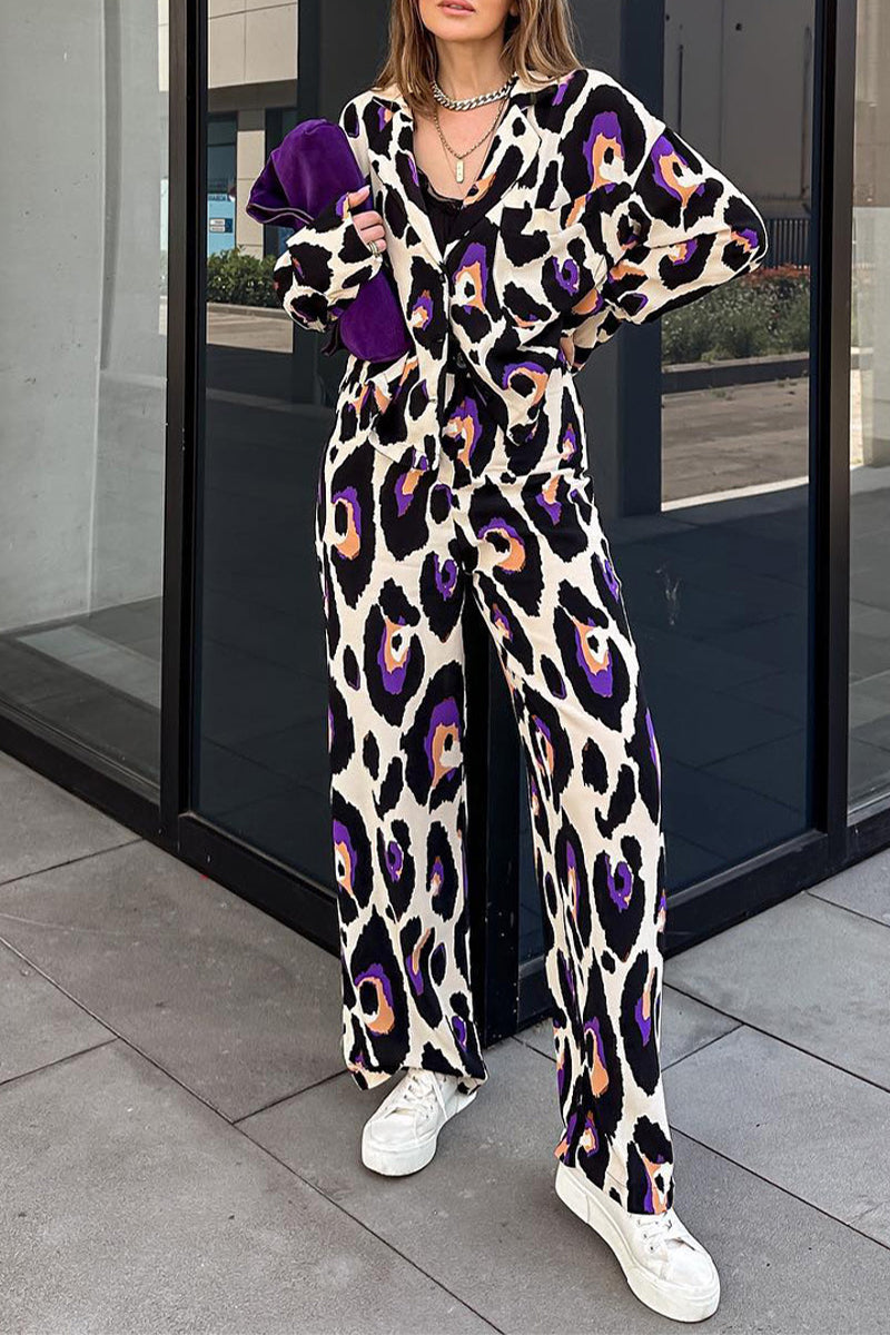 Kaynafashions - Casual Print Turndown Collar Long Sleeve Two Pieces