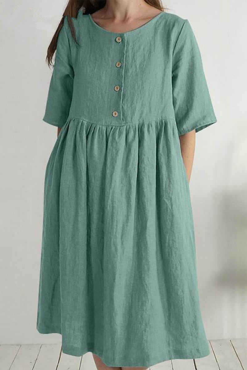 Kaynafashions - Casual Solid Buttons O Neck Short Sleeve Dress(4 Colors)