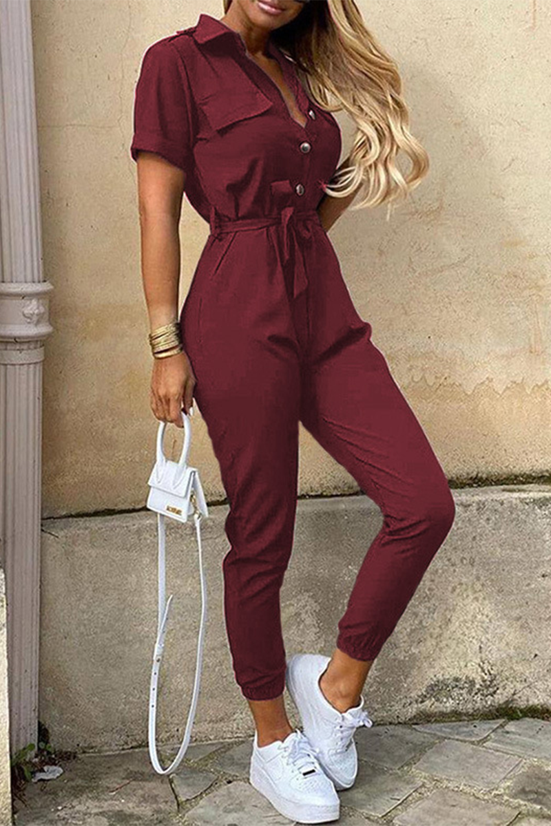 Kaynafashions - Casual Daily Solid Frenulum With Belt Turndown Collar Regular Jumpsuits(10 Colors)