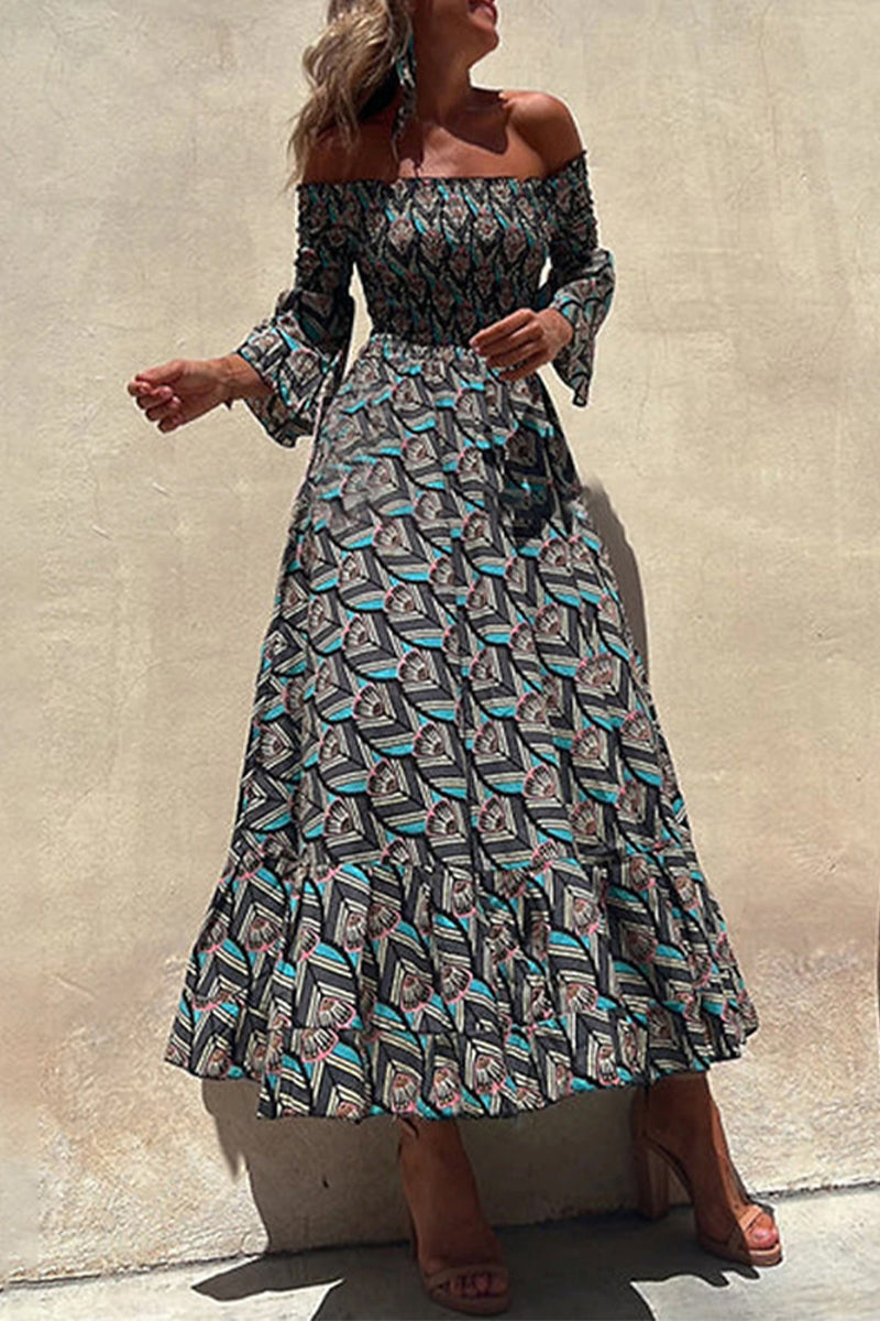 Kaynafashions - Elegant Print Patchwork Off the Shoulder Irregular Dress Dresses