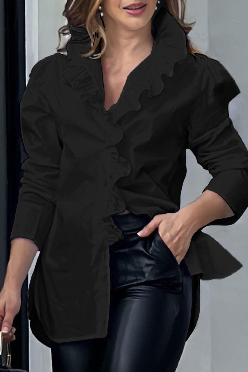 Kaynafashions - Casual Print Patchwork Buckle Flounce Turndown Collar Tops