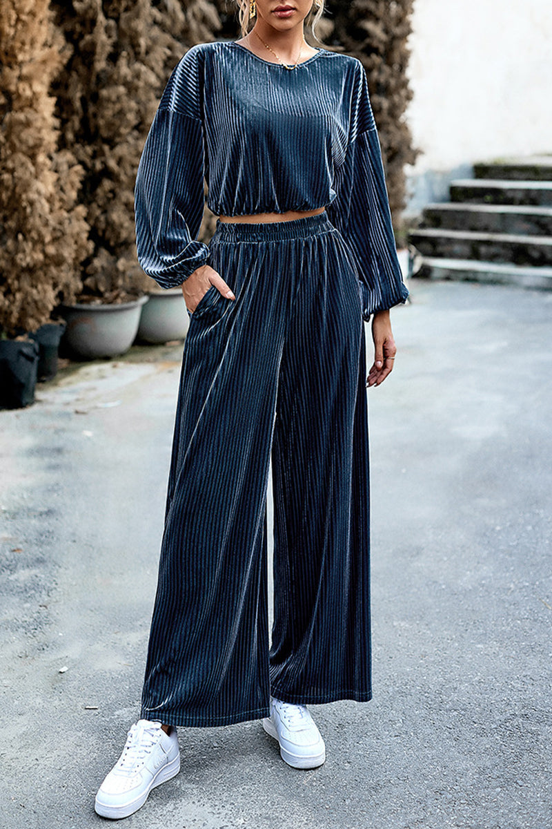 Kaynafashions - Elegant Solid Pocket O Neck Long Sleeve Two Pieces