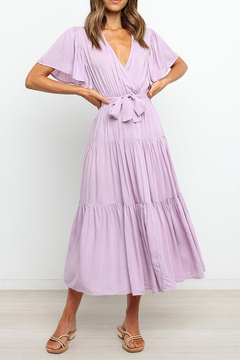 Kaynafashions - Casual Solid Patchwork V Neck Cake Skirt Dresses