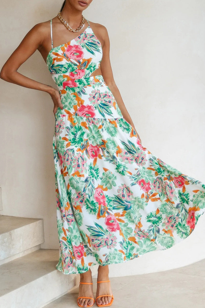 Kaynafashions - Elegant Print Frenulum Oblique Collar A Line Dresses