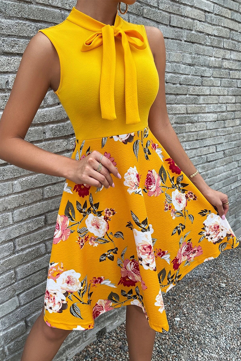 Kaynafashions - Sweet Elegant Print Patchwork With Bow O Neck A Line Dresses(5 Colors)