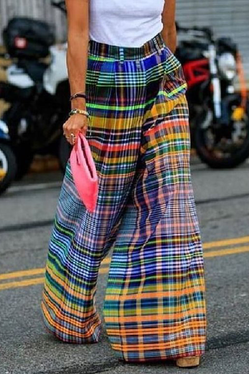 Kaynafashions - Casual Street Plaid Patchwork Contrast Loose High Waist Straight Patchwork Bottoms
