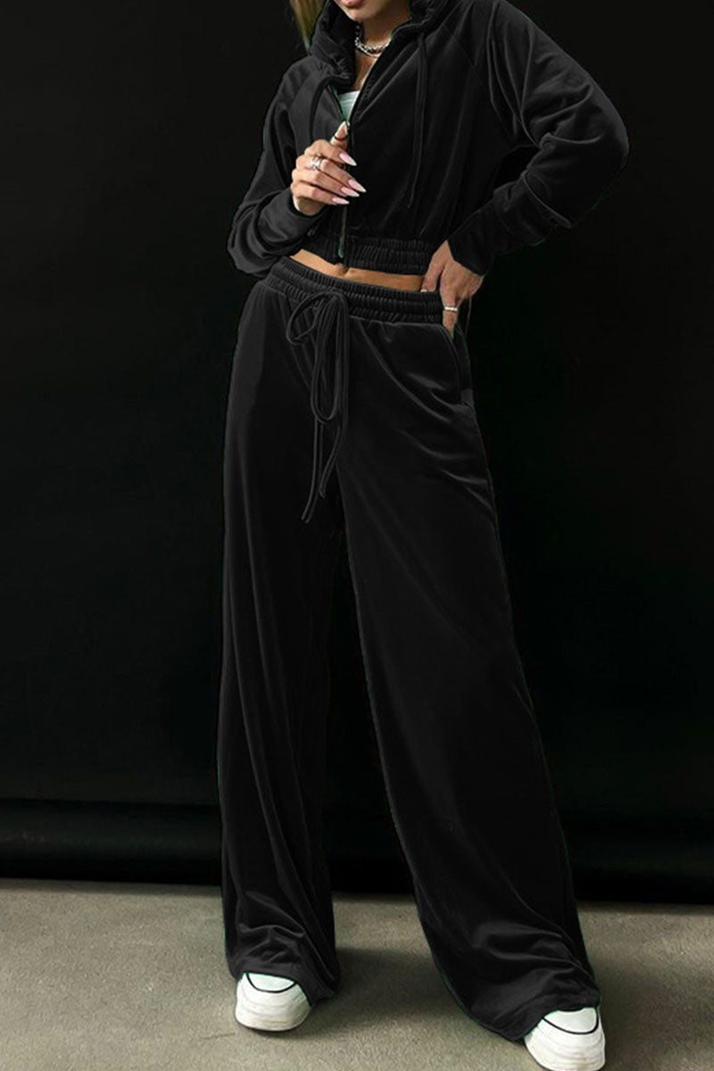 Kaynafashions - Casual Solid Patchwork Zipper Hooded Collar Long Sleeve Two Pieces