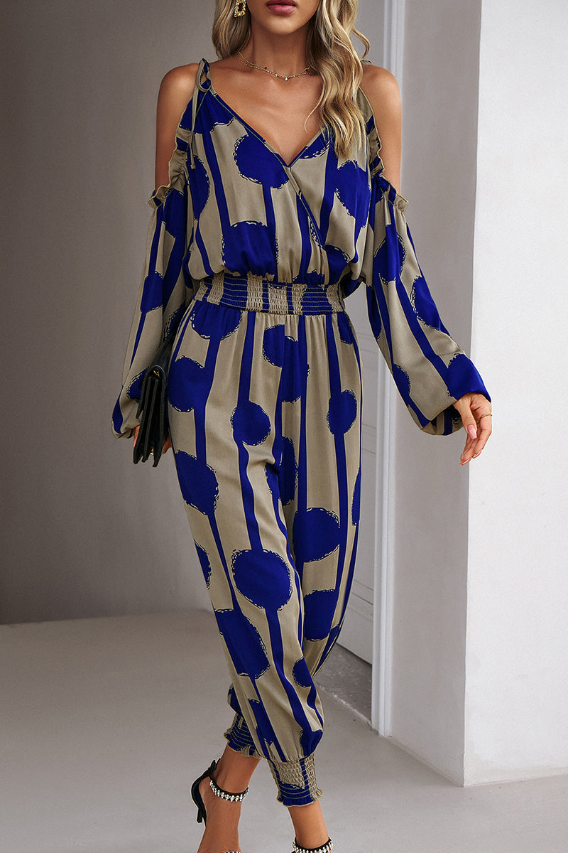 Kaynafashions - Elegant Striped Dot Patchwork V Neck Jumpsuits