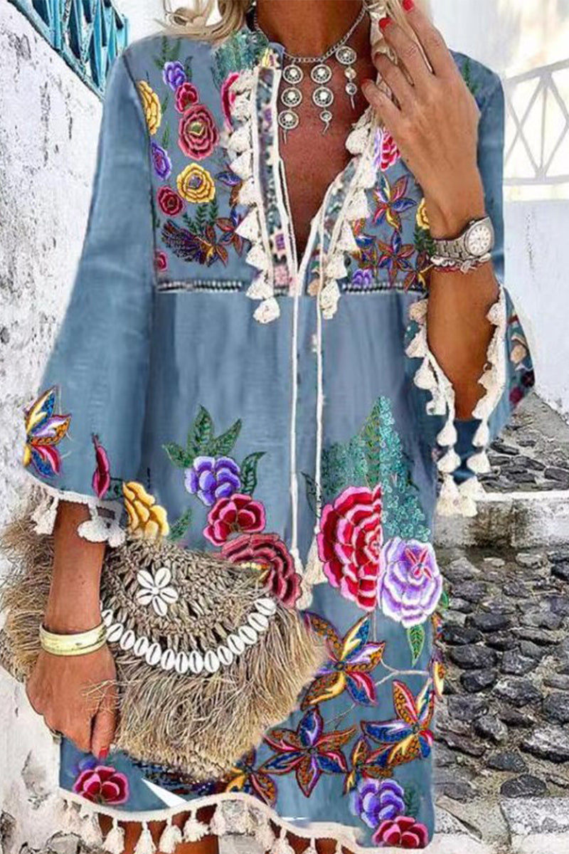 Kaynafashions - Casual College Print Patchwork V Neck Printed Dress Dresses