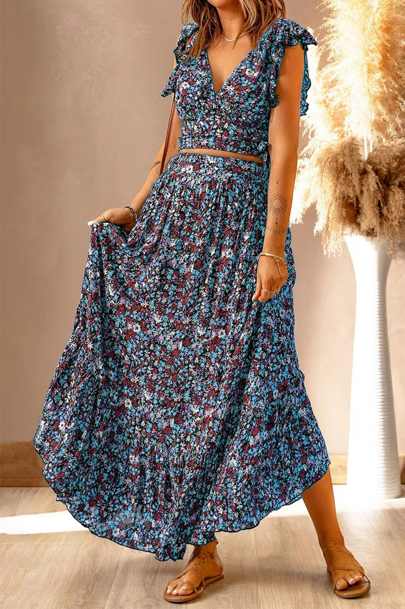 Kaynafashions - Casual Print Flounce V Neck Sleeveless Two Pieces(3 colors)