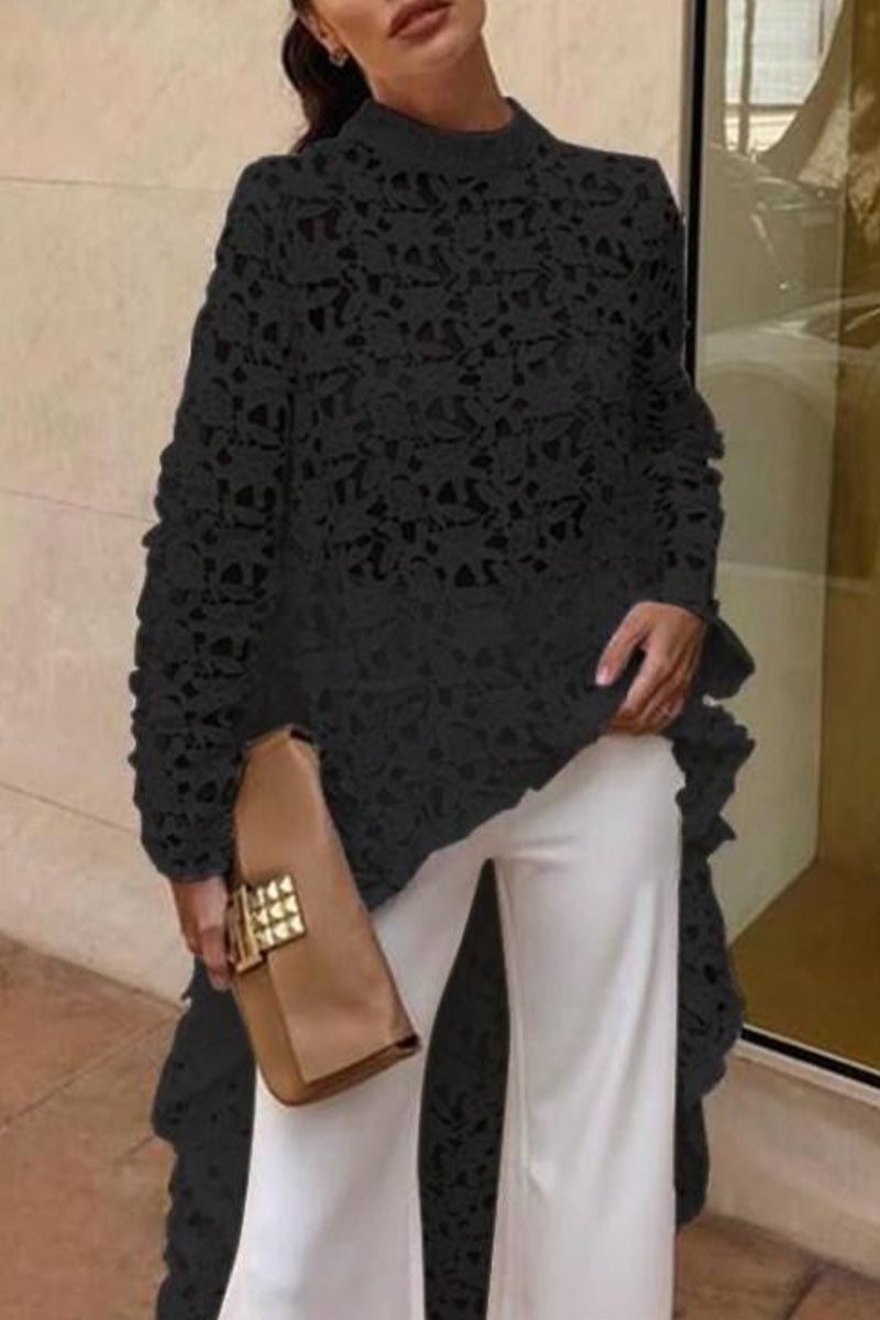 Kaynafashions - Sexy Solid Lace Hollowed Out Asymmetrical Half A Turtleneck Lace Dress Dresses