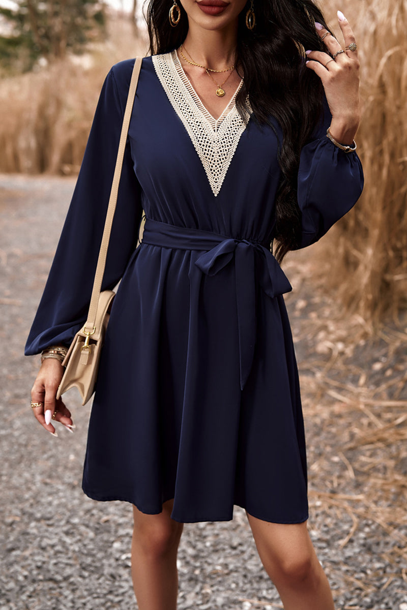 Kaynafashions - Elegant Solid Lace Bandage V Neck A Line Dresses