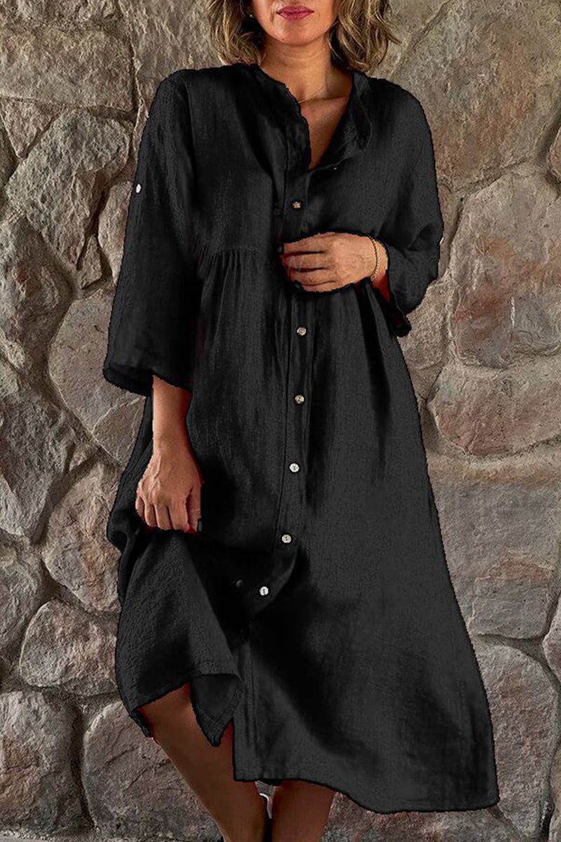 Kaynafashions - Casual Simplicity Solid Buttons Mandarin Collar Shirt Dress Dresses(5 Colors)