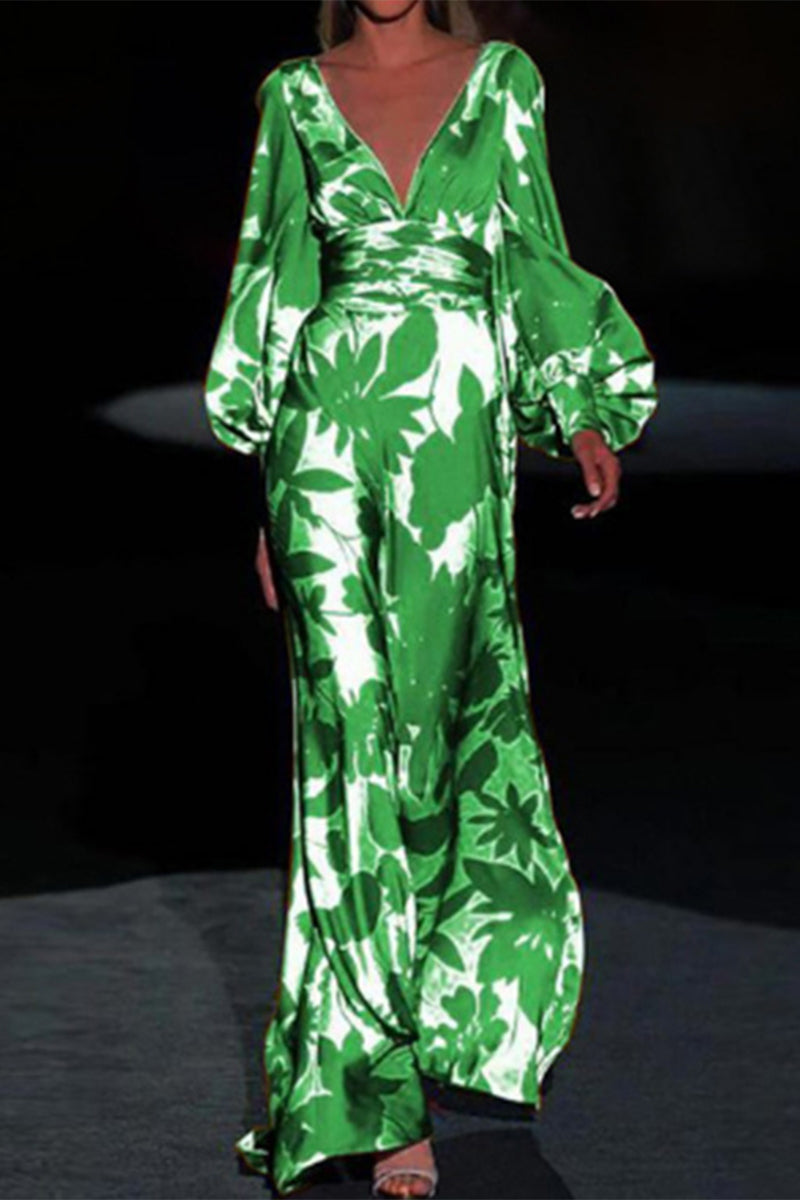 Kaynafashions - Sexy Elegant Print Frenulum V Neck Evening Dress Dresses(4 Colors)