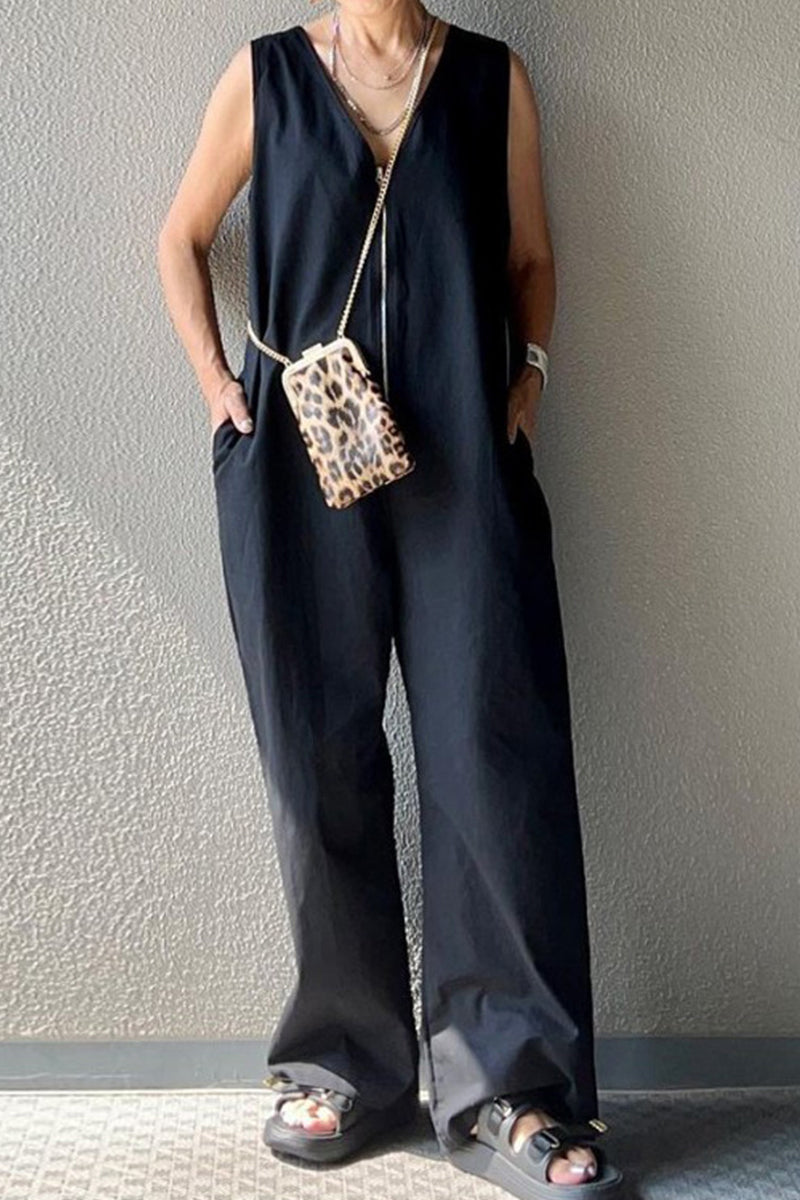 Kaynafashions - Casual Solid Pocket V Neck Loose Jumpsuits