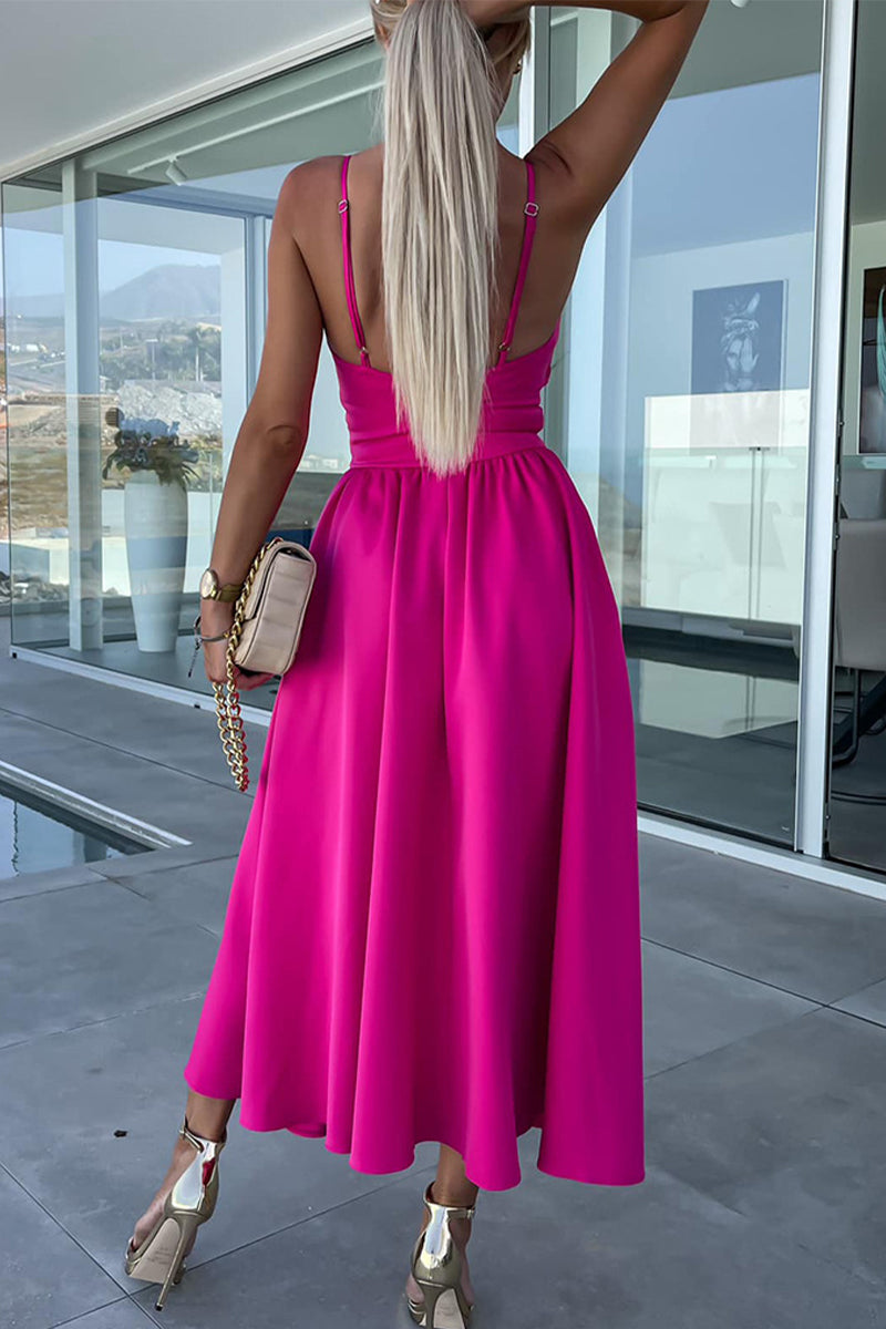 Kaynafashions - Casual Sweet Solid Slit V Neck Sling Dress Dresses(4 Colors)