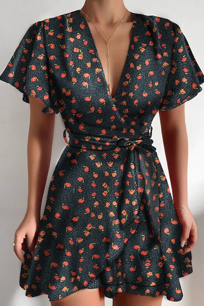 Kaynafashions - Fashion Print Patchwork V Neck Cake Skirt Dresses(4 colors)