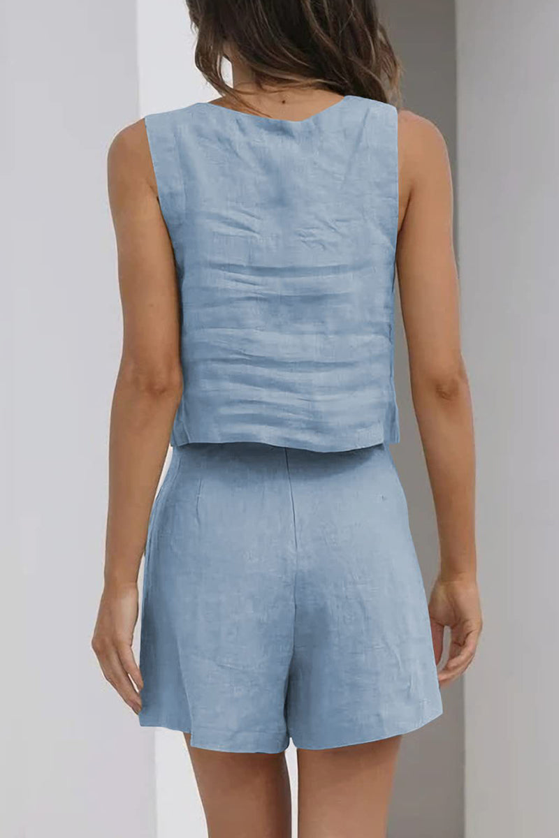 Kaynafashions - Casual Simplicity Solid Pocket Square Collar Sleeveless Two Pieces(16 Colors)