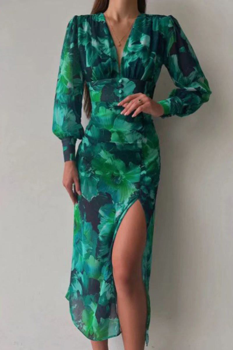 Kaynafashions - Elegant Floral Slit V Neck A Line Dresses