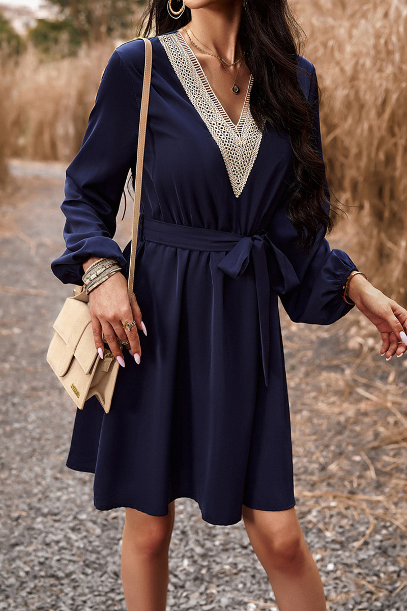 Kaynafashions - Elegant Solid Lace Bandage V Neck A Line Dresses