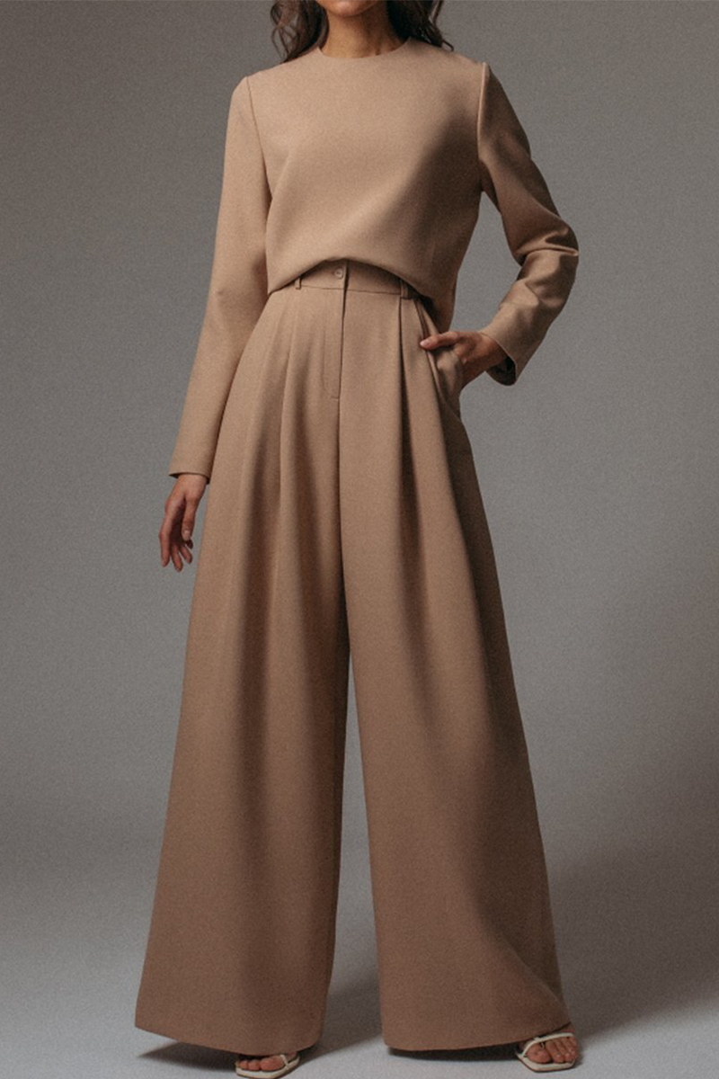 Kaynafashions - Elegant Solid Pocket O Neck Long Sleeve Two Pieces