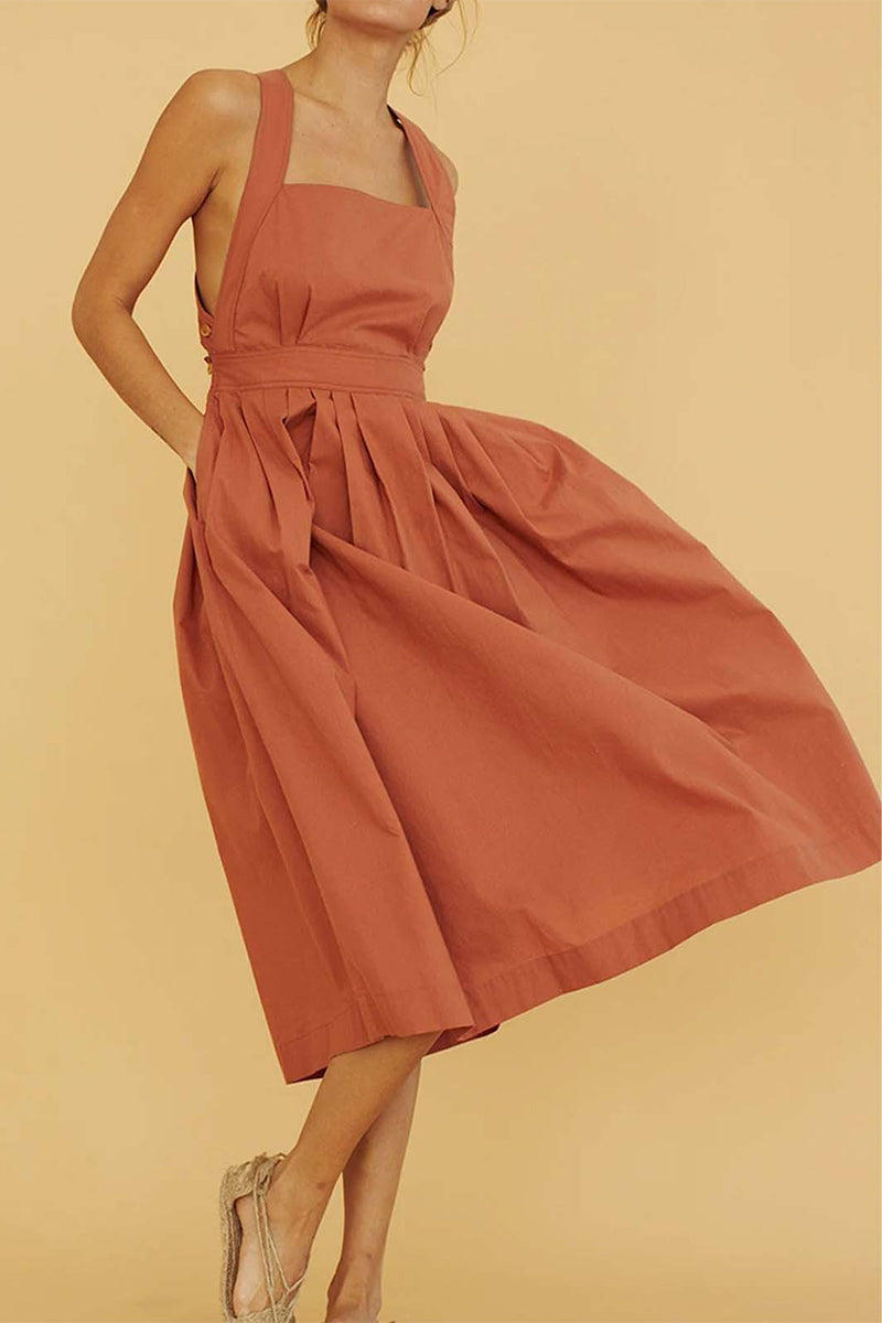 Kaynafashions - Casual Solid Pocket Backless Square Collar A Line Dresses