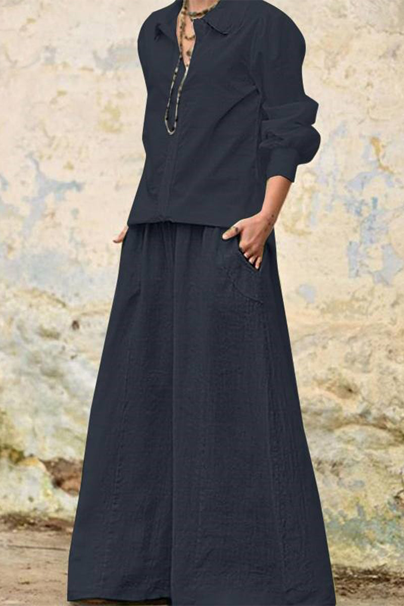 Kaynafashions - Casual Solid Pocket Turndown Collar Long Sleeve Two Pieces