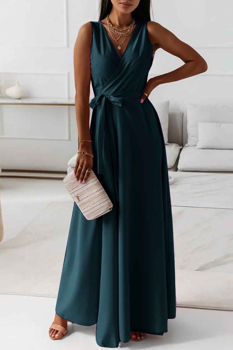 Kaynafashions - Celebrities Elegant Solid With Belt V Neck Evening Dress Dresses