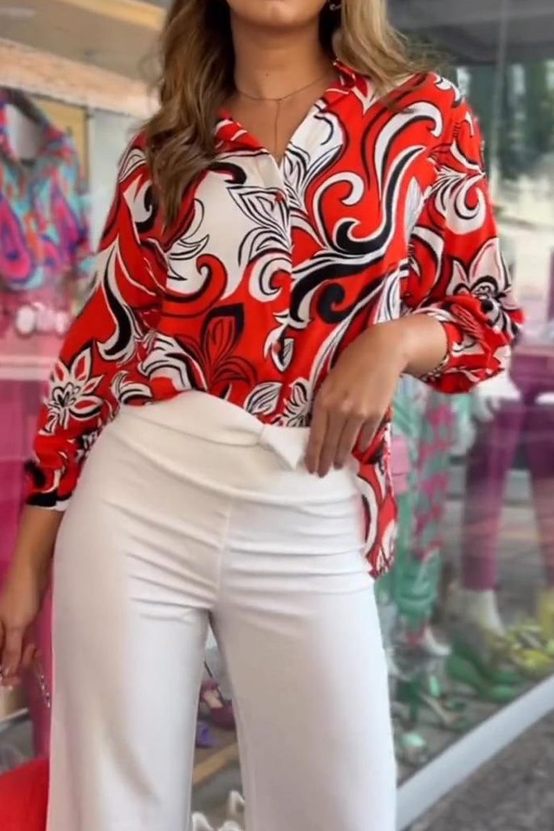 Kaynafashions - Elegant Print Patchwork Turndown Collar Tops